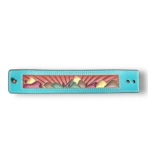 Justin Leather Cuff Bracelet Turquoise Multicolor Tooled Western Sunset Cactus - Picture 2 of 5